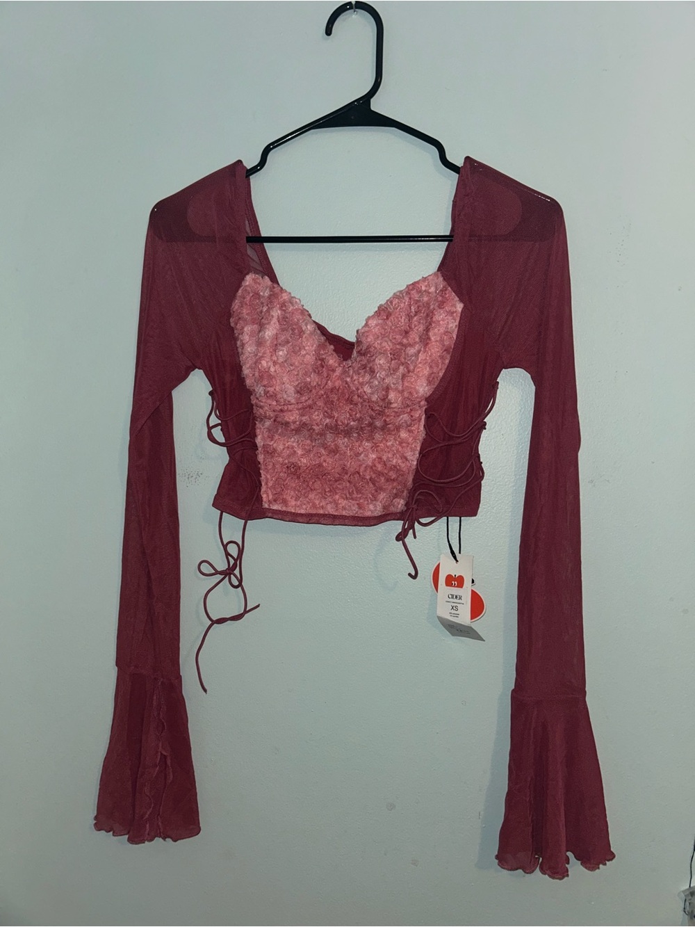 Cider Dusty Rose Textured-Front Long Sleeve Crop Top